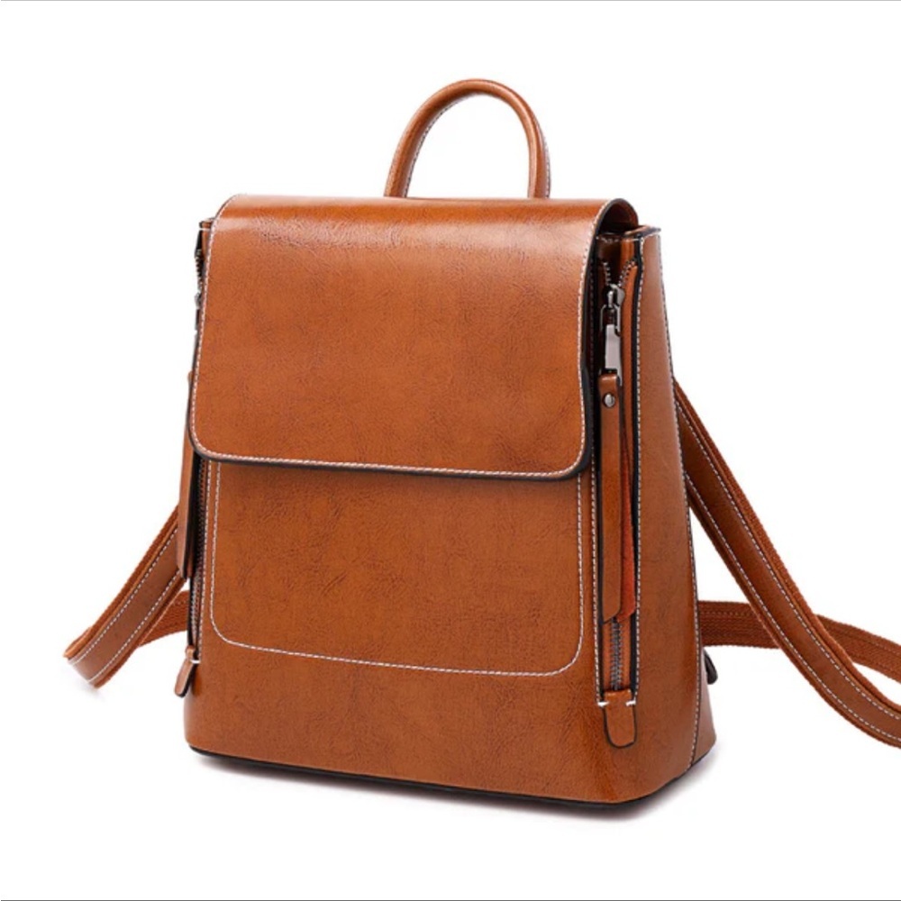 Top Grain Leather Womens Backpack Retro Style Rucksack Shoulder Bag Carmel Brown - Picture 1 of 12